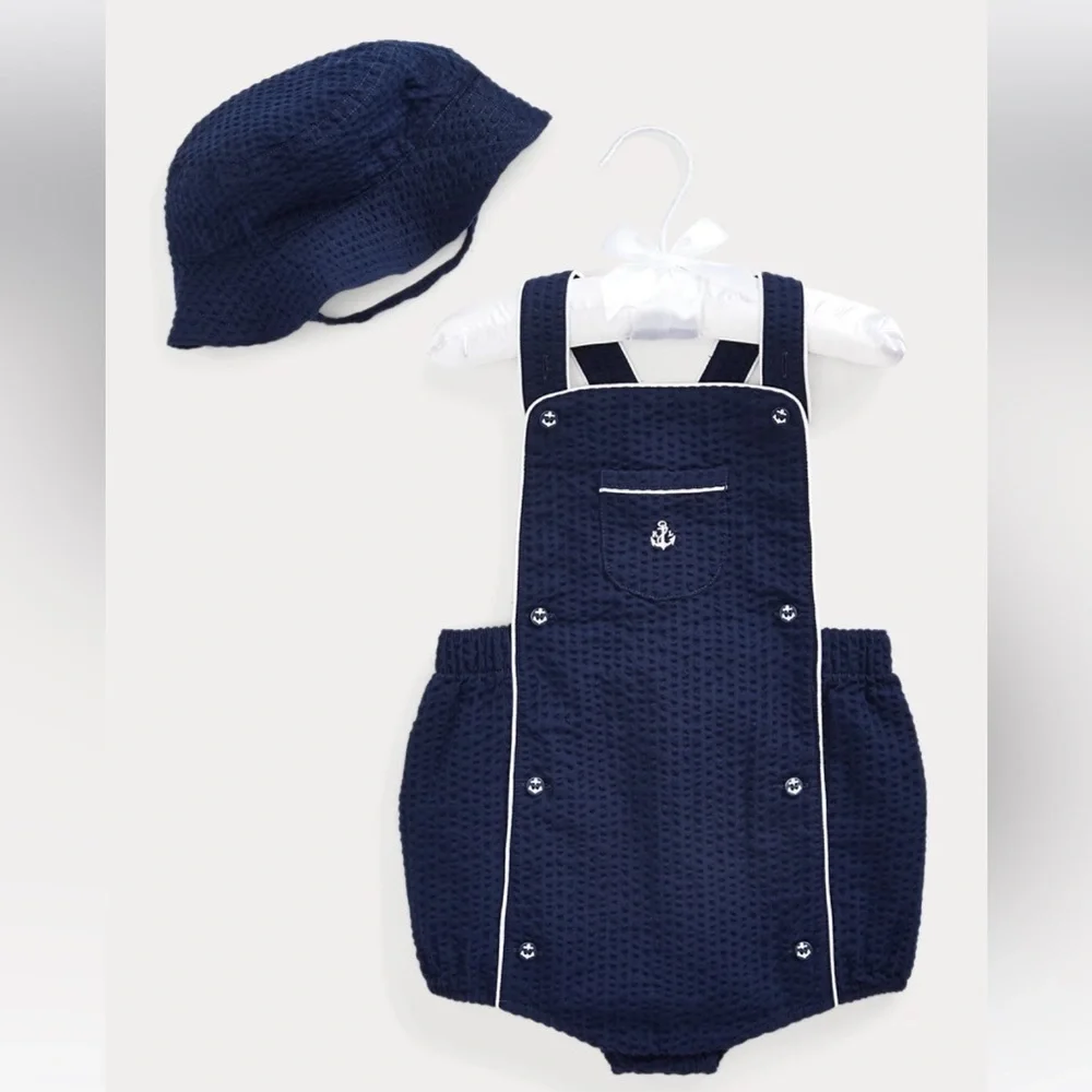 *Ralph Lauren Seersucker Shortall & Hat Set Size 24M Refined Navy